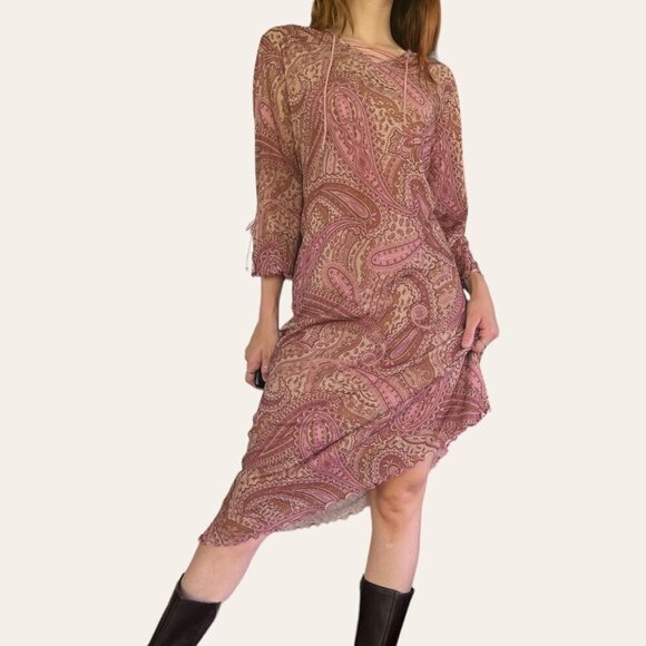 90s vintage boho mesh asymmetric paisley midi dress - Expressions Large - Picture 4 of 8